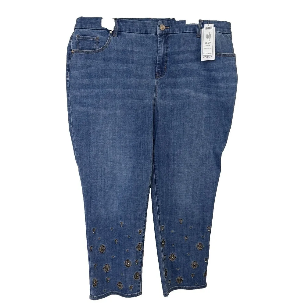 Chicos SO SLIMMING Jeans Woman 18P/3.5P GIRLFRIEND ANKLE EMBELLISHED Crystals